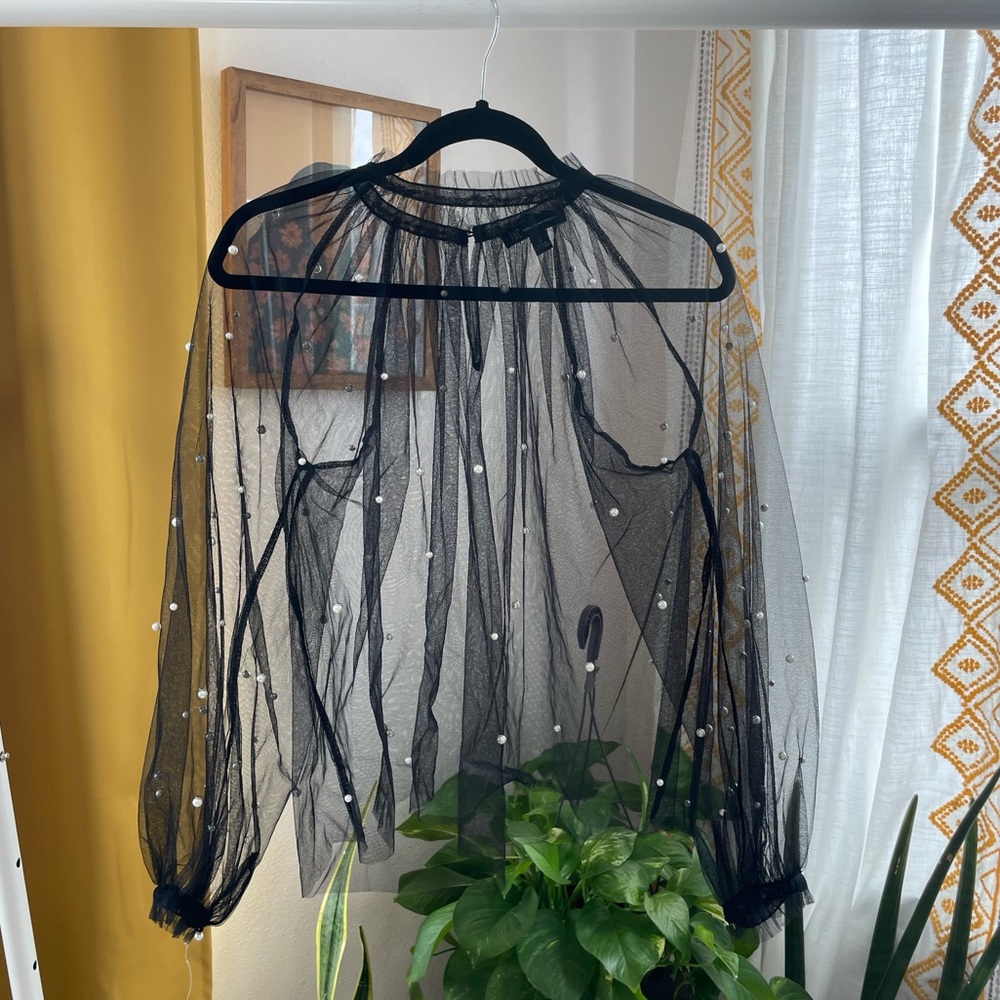 INC International Concepts Black Tuille Blouse With Pearls